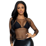 Close-up front view of black long sleeve industrial net top - Golddiggers Boutique