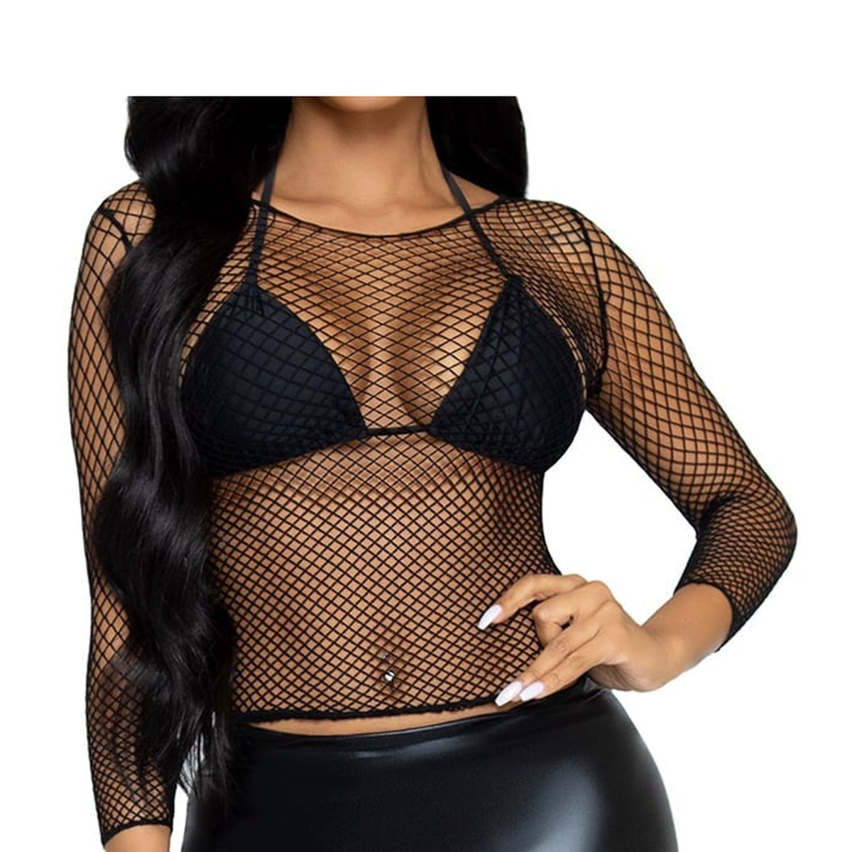 Front view of black long sleeve industrial net top - Golddiggers Boutique