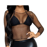 Front view of black long sleeve industrial net top - Golddiggers Boutique