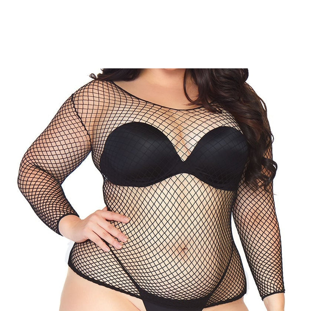 Front view of black long sleeve industrial net top in plus size - Golddiggers Boutique