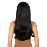 Close-up back view of black long straight wig with blunt bangs - Golddiggers Boutique