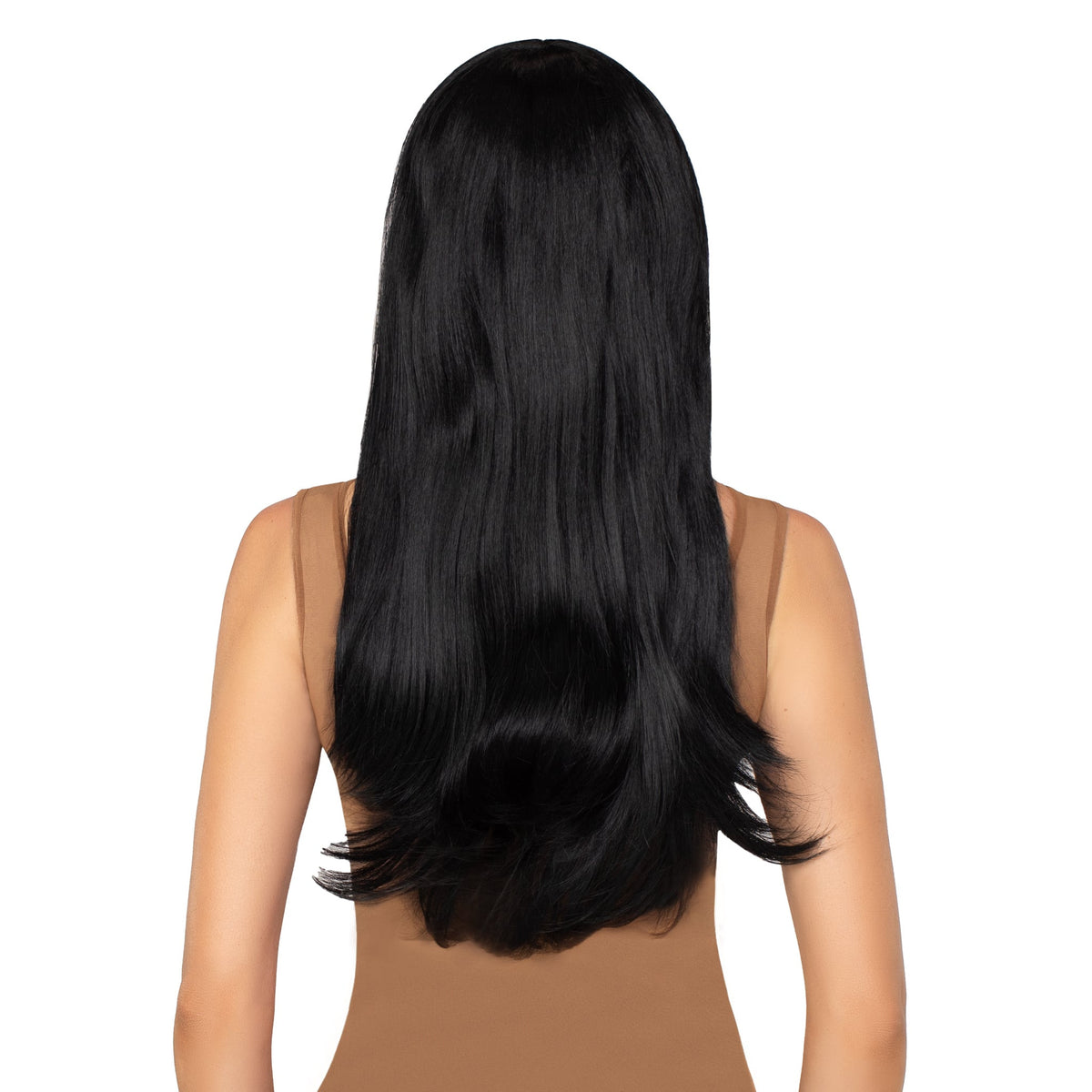 Close-up back view of black long straight wig with blunt bangs - Golddiggers Boutique