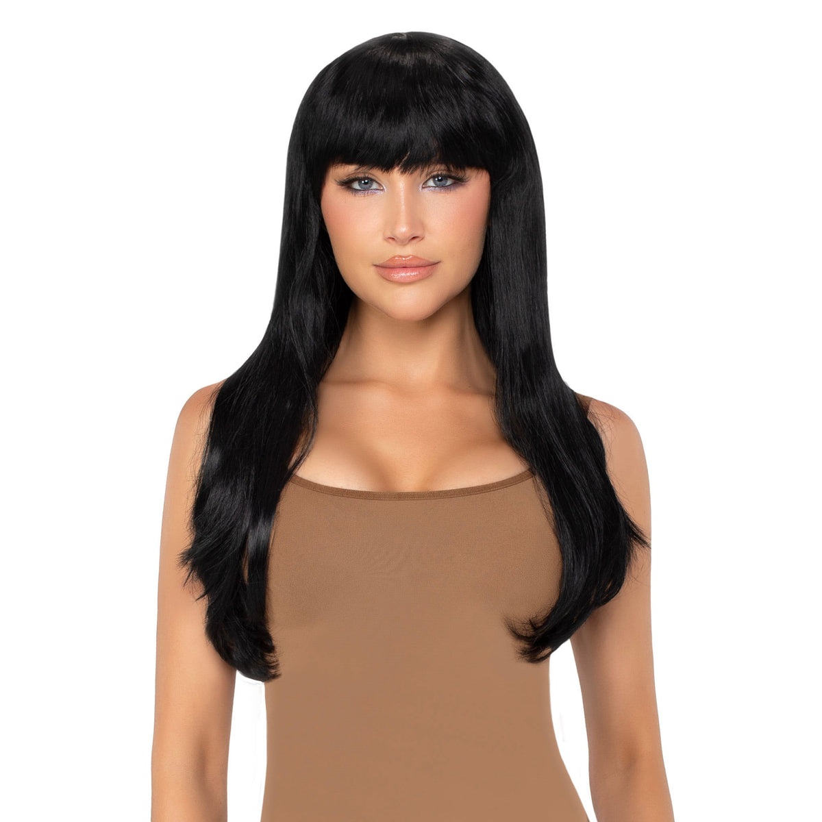 Close-up front view of black long straight wig with blunt bangs - Golddiggers Boutique