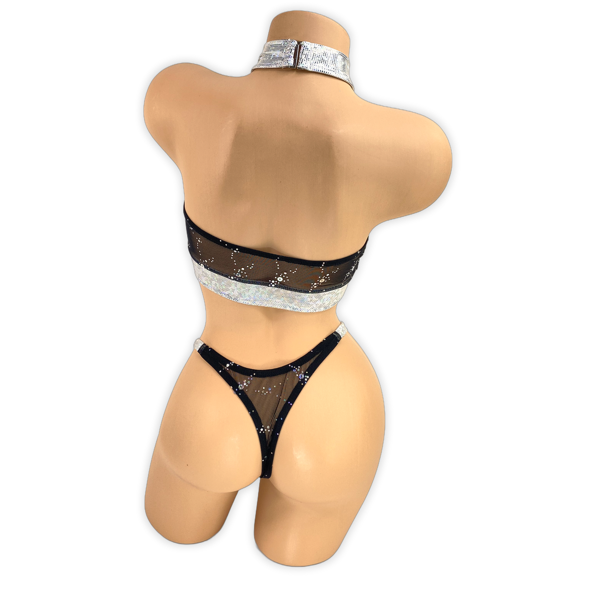 Black Lyric sparkle mesh keyhole halter set, back view showing the choker neck and thong back
