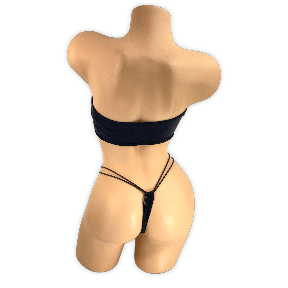 Black Mercy rhinestone bandeau set, back view showing the plain bandeau and double-strap thong