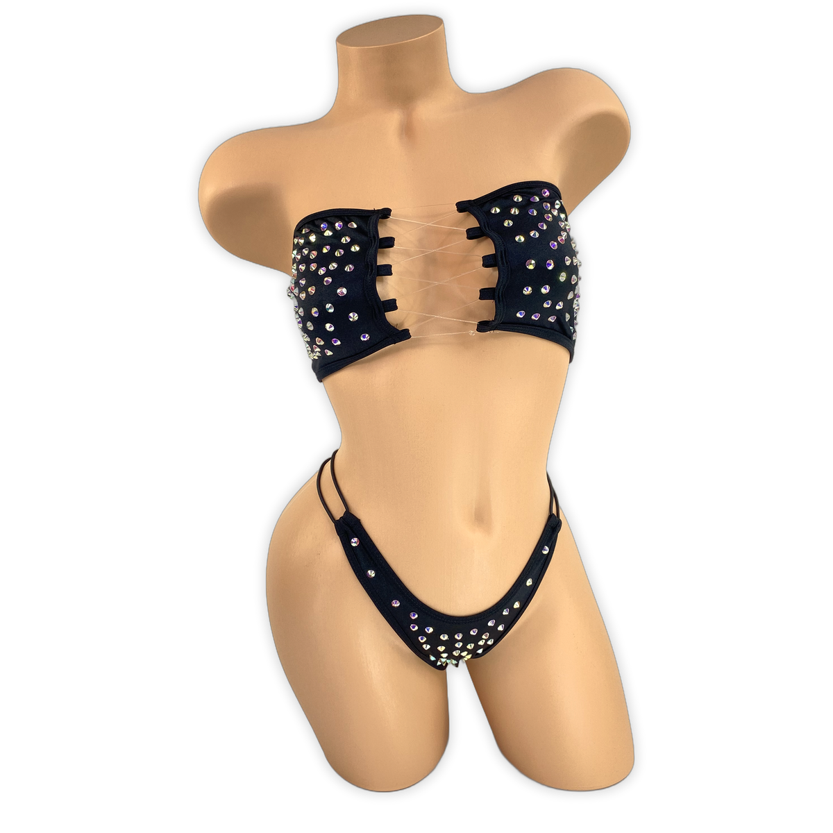 Black Mercy rhinestone lace-up bandeau set, front view on mannequin