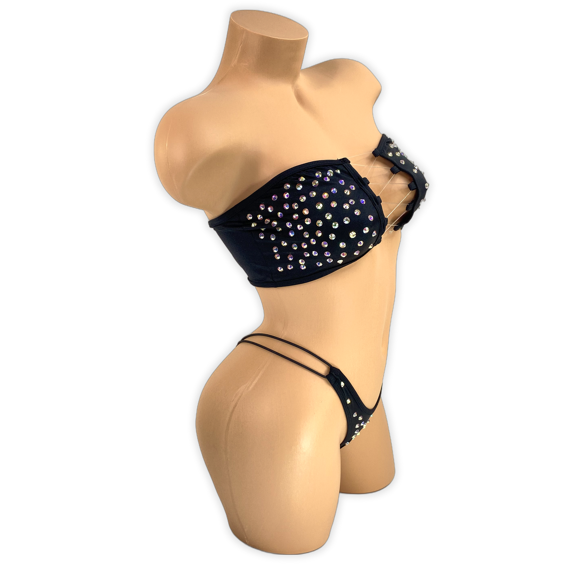 Black Mercy rhinestone lace-up bandeau set, side view on mannequin