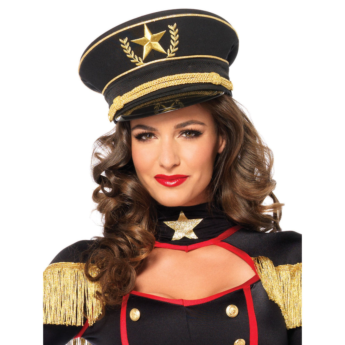 Close-up front view of black military hat with gold star emblem - Golddiggers Boutique