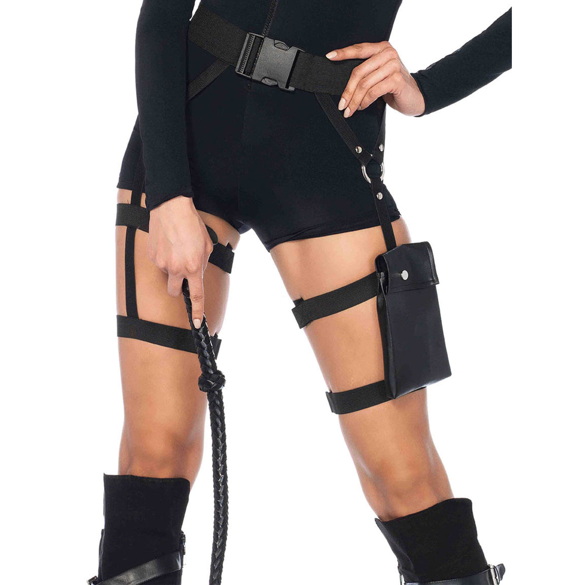 Close-up front view of black multi-strap garter utility belt with thigh pouch - Golddiggers Boutique