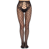 Front view of black net tights with crotchless floral panty - Golddiggers Boutique