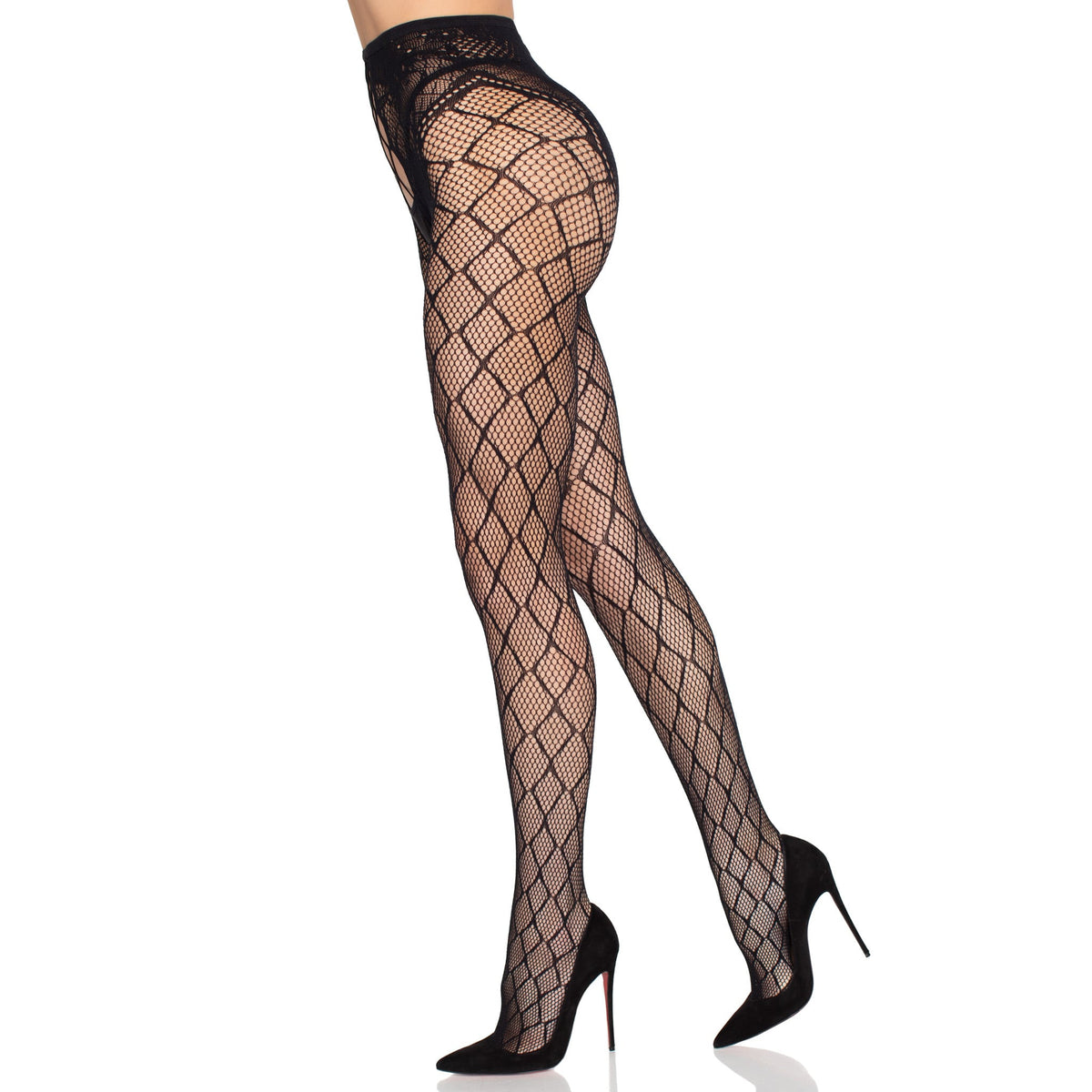 Side view of black net tights with crotchless floral panty - Golddiggers Boutique
