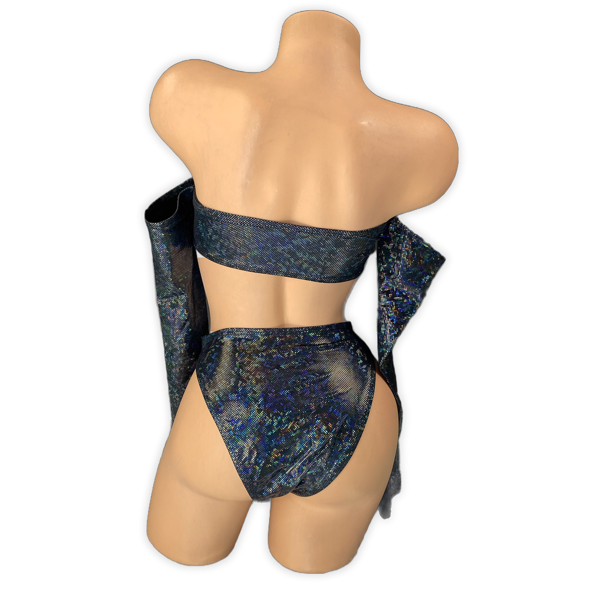 Black Nyx holo bell sleeve set, back view showing the bandeau and cheeky bottom