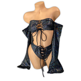 Black Nyx holo lace-up bell sleeve set, front view on mannequin