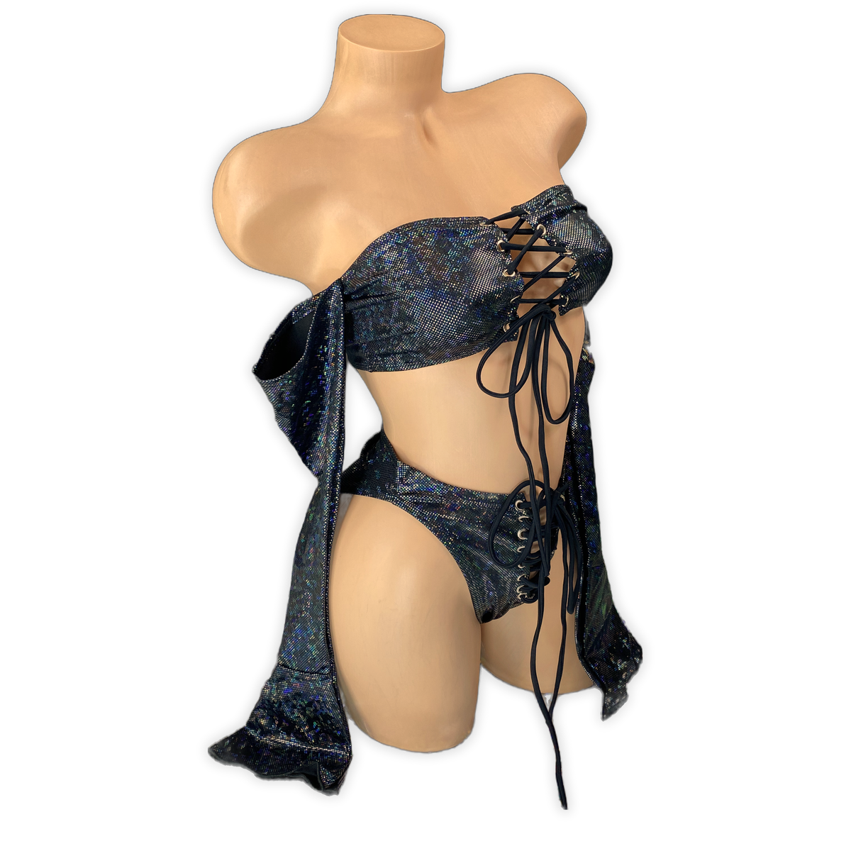 Black Nyx holo lace-up bell sleeve set, side view on mannequin