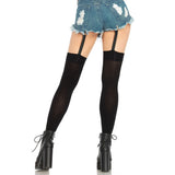 Back view of black opaque thigh highs with clip garters - Golddiggers Boutique