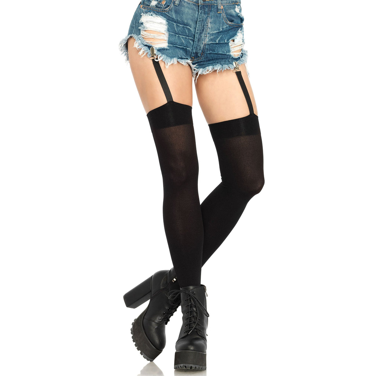 Front view of black opaque thigh highs with clip garters - Golddiggers Boutique