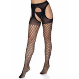 Front view of black oval net suspender tights with opaque top - Golddiggers Boutique