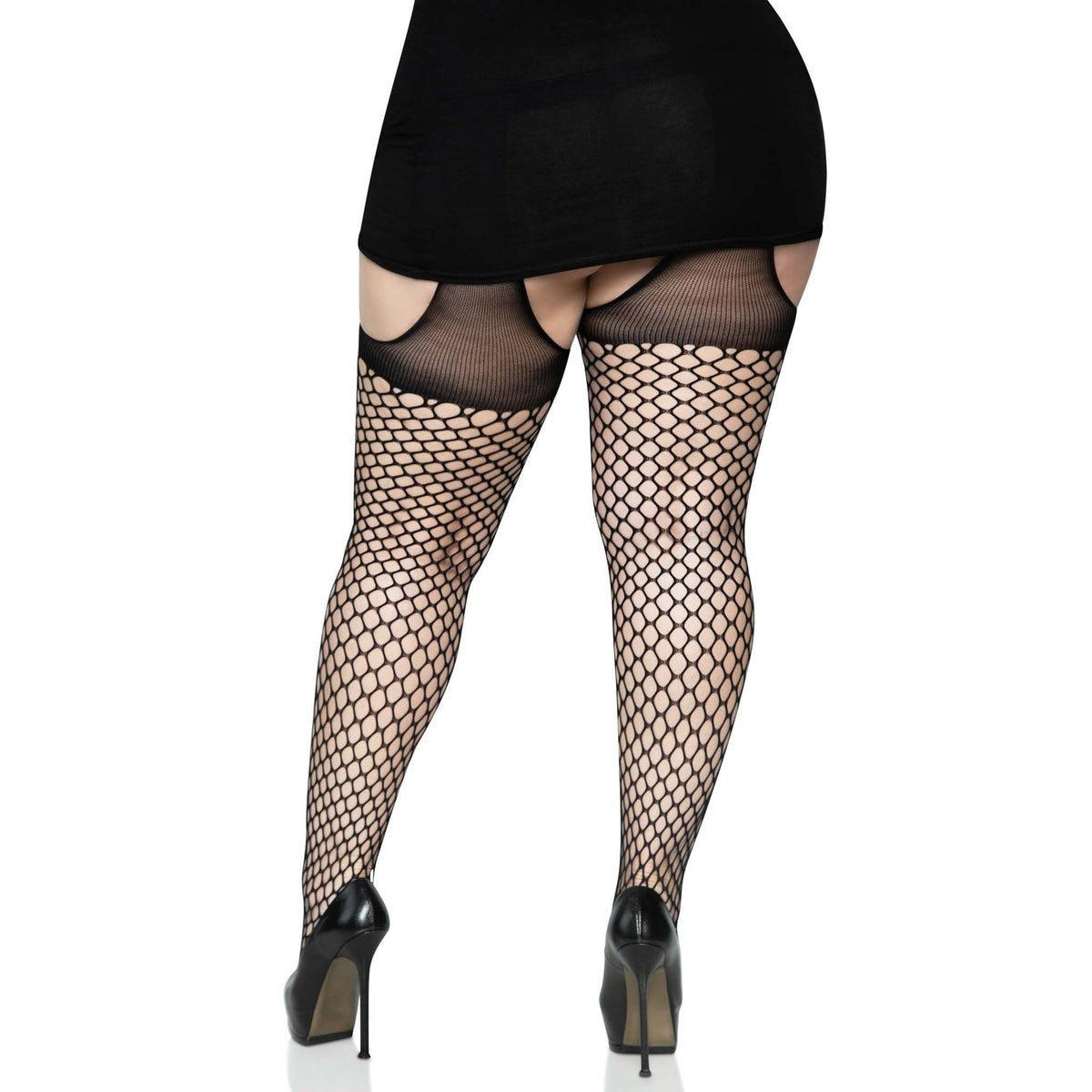 Back view of black oval net suspender tights with opaque top in plus size - Golddiggers Boutique
