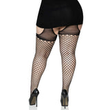 Back view of black oval net suspender tights with opaque top in plus size - Golddiggers Boutique