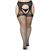 Front view of black oval net suspender tights with opaque top in plus size - Golddiggers Boutique