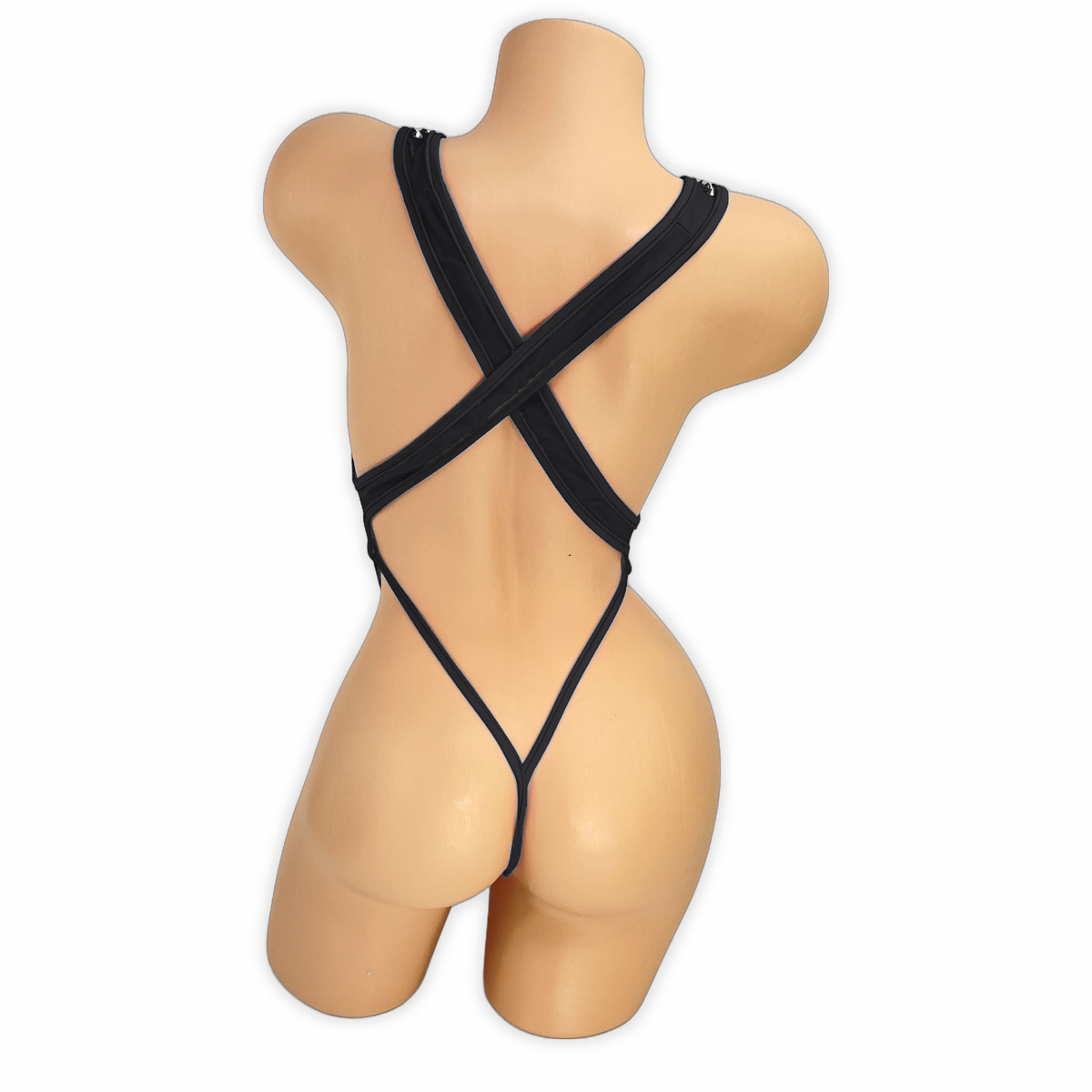 Black Paige rhinestone slingshot bodysuit, back view showing criss-cross straps and thong back