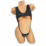 Black Paige rhinestone cutout slingshot bodysuit, front view on mannequin