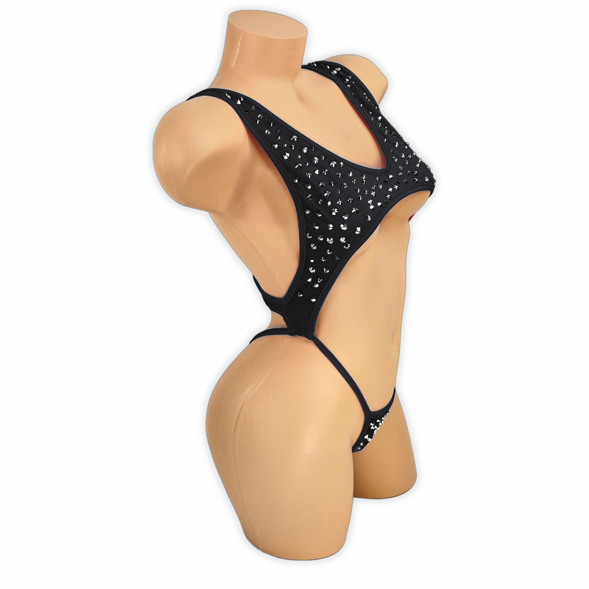 Black Paige rhinestone cutout slingshot bodysuit, side view on mannequin