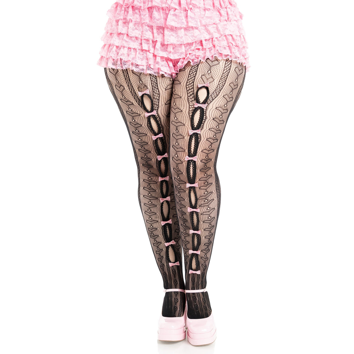 Front view of black & pink striped net tights with keyholes and mini bows - Golddiggers Boutique