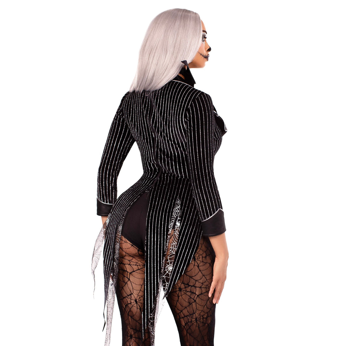 Close back view of black pinstripe velvet skeleton costume bodysuit with bow tie - Golddiggers Boutique