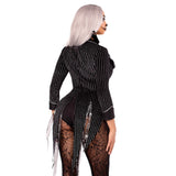 Close back view of black pinstripe velvet skeleton costume bodysuit with bow tie - Golddiggers Boutique