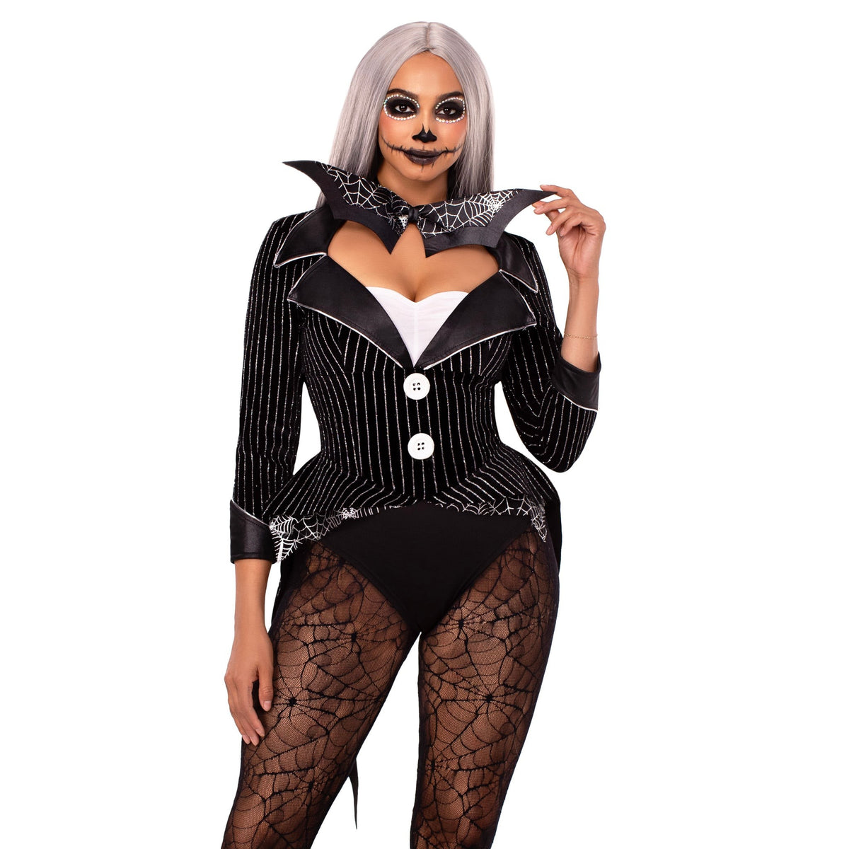 Close front view of black pinstripe velvet skeleton costume bodysuit with bow tie - Golddiggers Boutique
