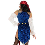 Close back view of black pirate bodysuit costume with blue tailcoat and red sash - Golddiggers Boutique