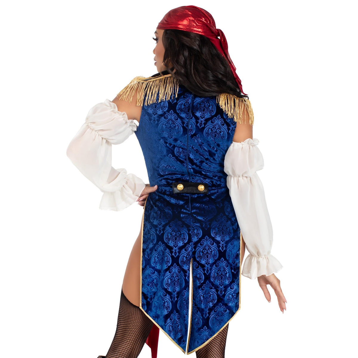 Close back view of black pirate bodysuit costume with blue tailcoat and red sash - Golddiggers Boutique