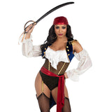 Close front view of black pirate bodysuit costume with blue tailcoat and red sash - Golddiggers Boutique