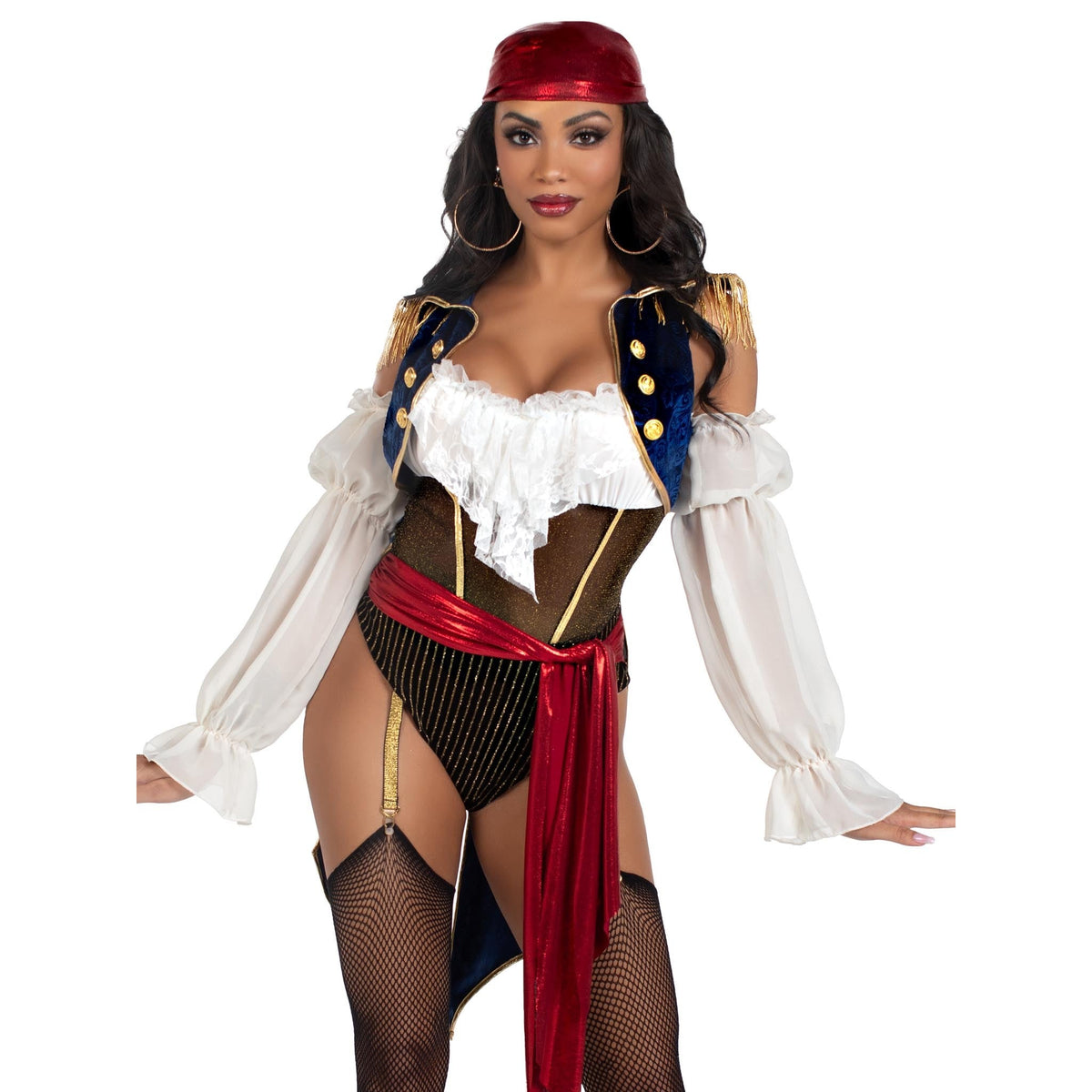 Close front pose of black pirate bodysuit costume with blue tailcoat and red sash - Golddiggers Boutique