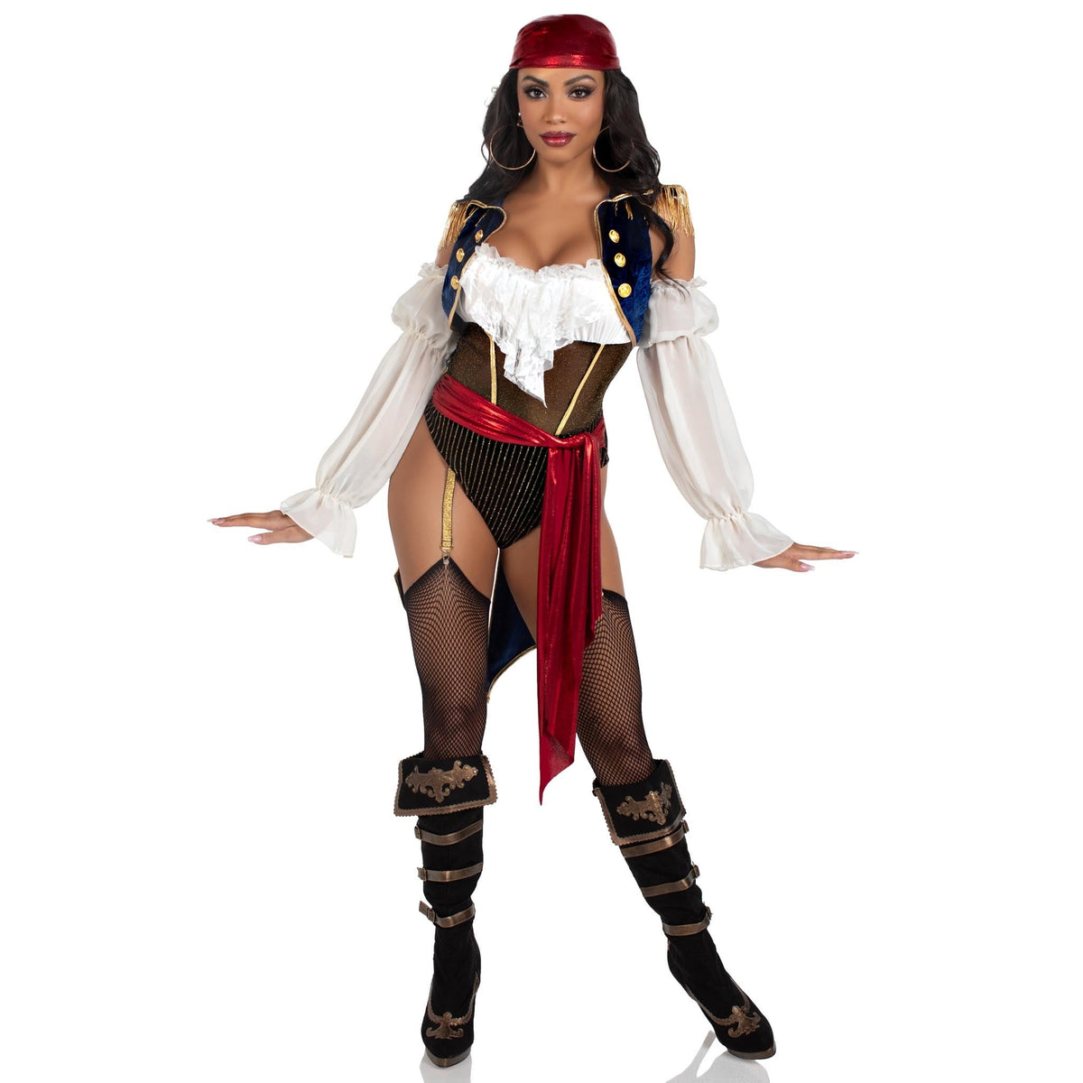 Front pose of black pirate bodysuit costume with blue tailcoat and red sash - Golddiggers Boutique