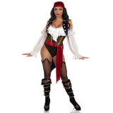 Front pose of black pirate bodysuit costume with blue tailcoat and red sash - Golddiggers Boutique