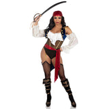 Front view of black pirate bodysuit costume with blue tailcoat and red sash - Golddiggers Boutique