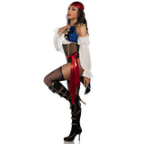 Side view of black pirate bodysuit costume with blue tailcoat and red sash - Golddiggers Boutique