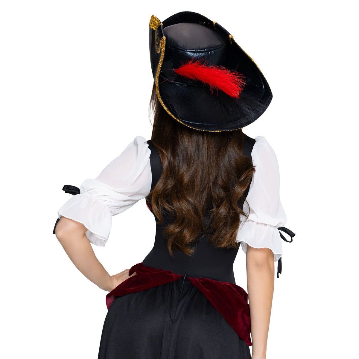 Detail view of black pirate hat with skull and feather - Golddiggers Boutique