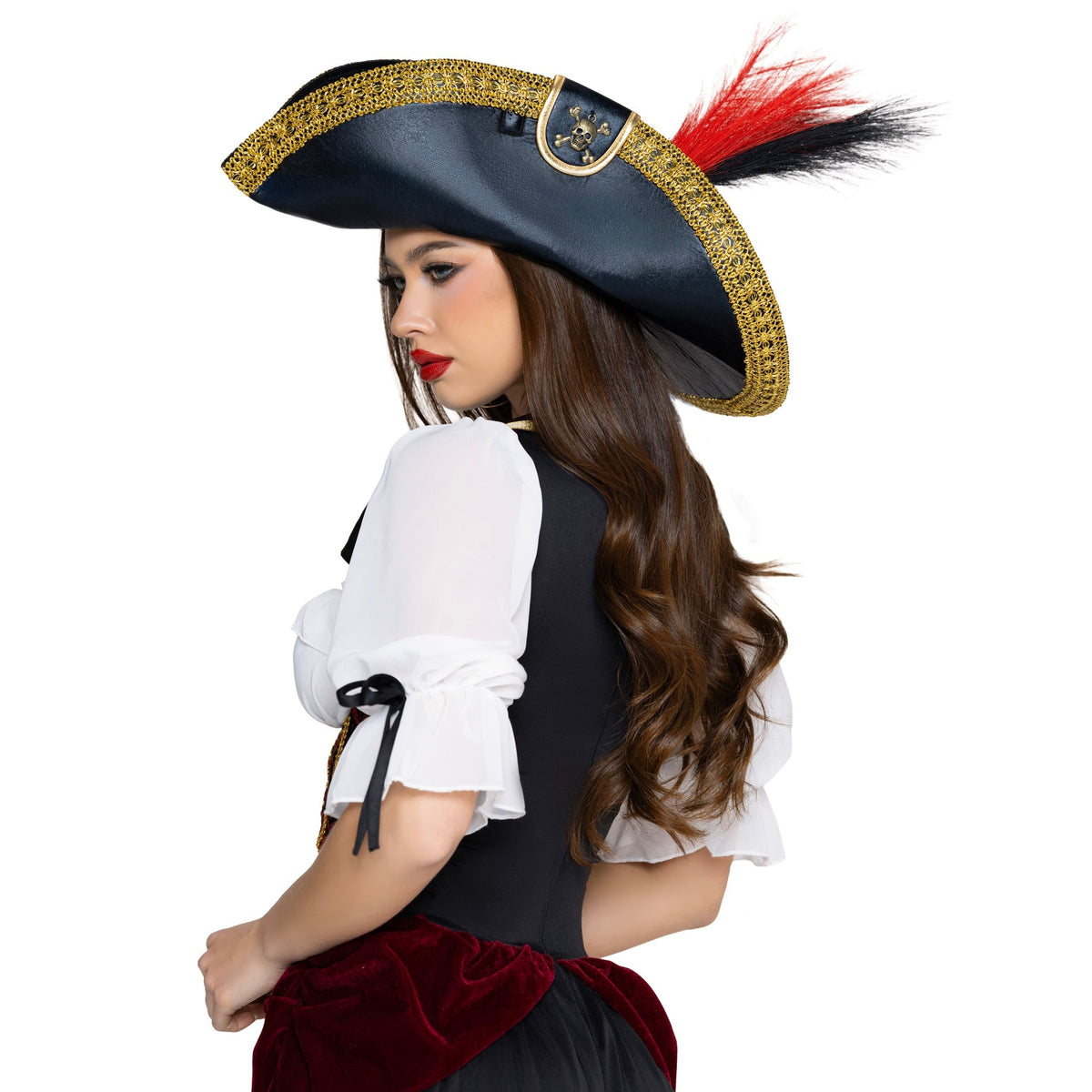 Detail view of black pirate hat with skull and feather - Golddiggers Boutique