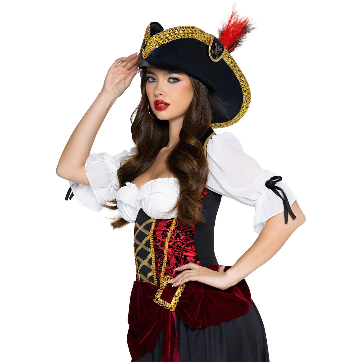Front view of black pirate hat with skull and feather - Golddiggers Boutique
