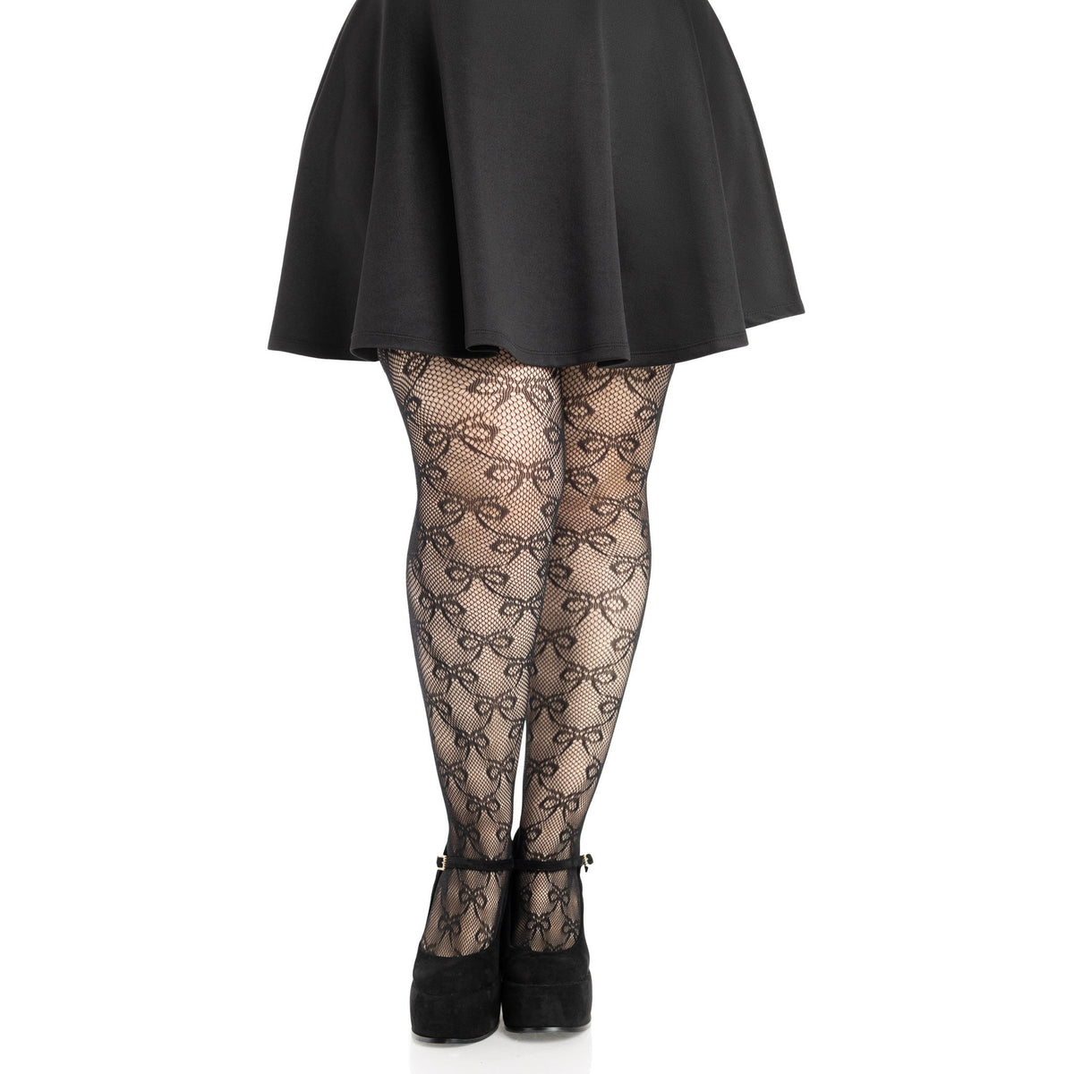 Front view of black plus size bow net tights - Golddiggers Boutique