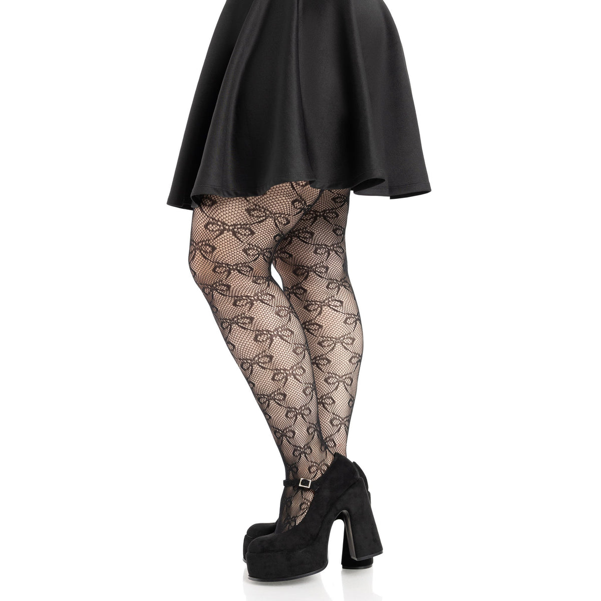 Side view of black plus size bow net tights - Golddiggers Boutique