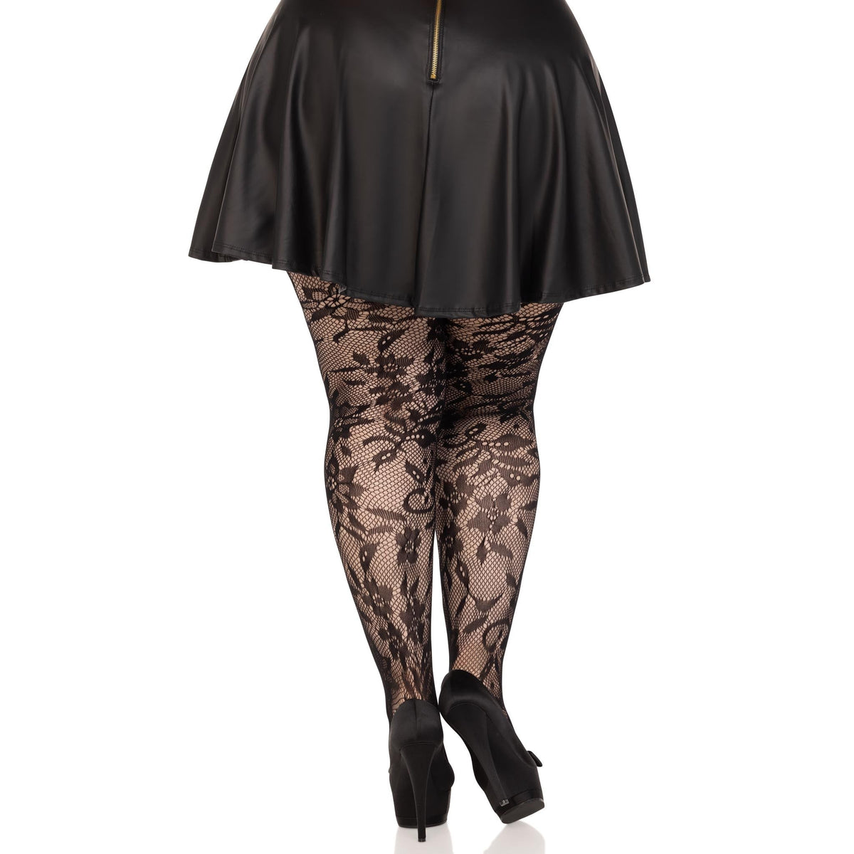 Back view of black plus size chantilly lace tights - Golddiggers Boutique