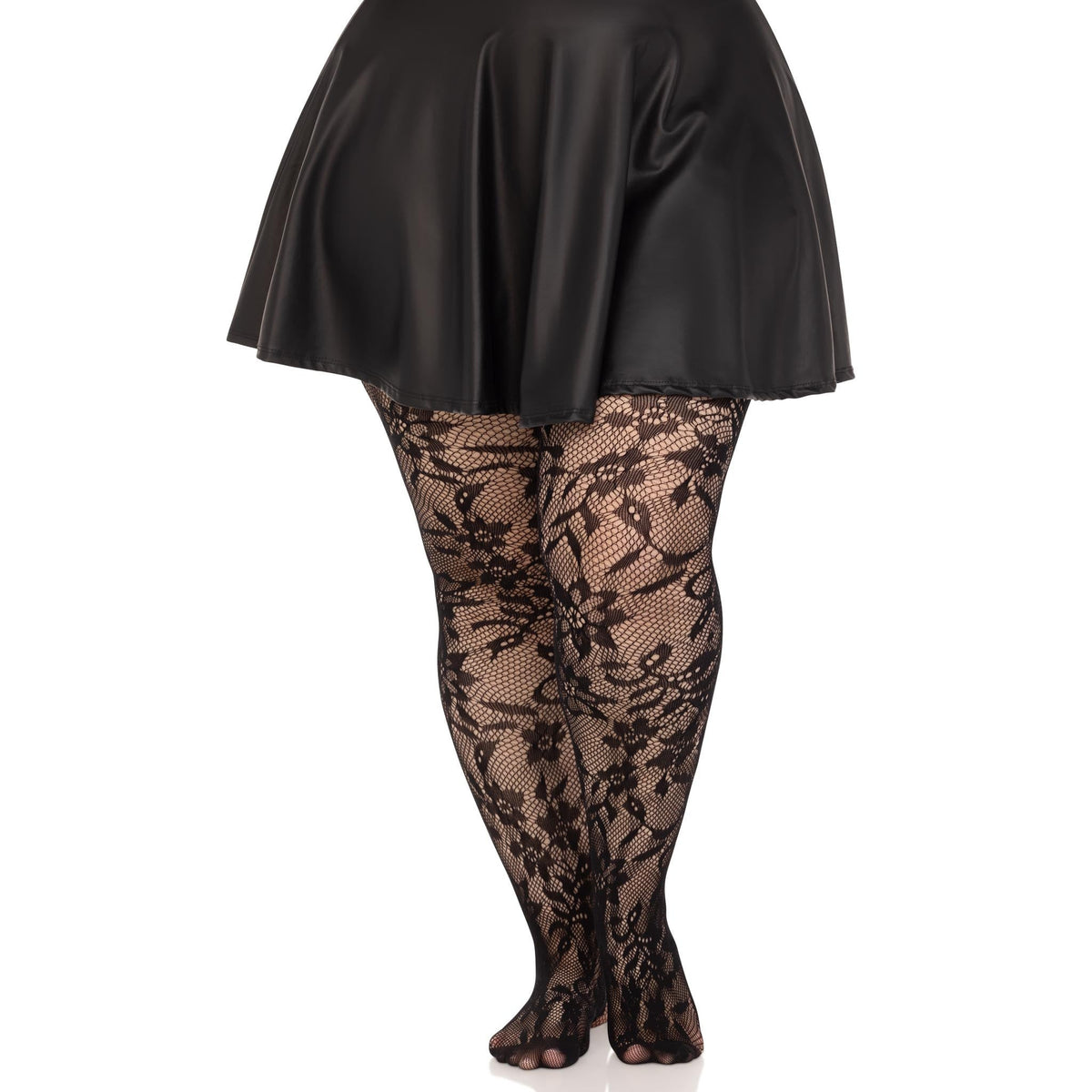 Front view of black plus size chantilly lace tights - Golddiggers Boutique