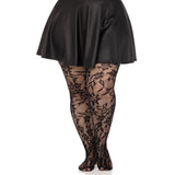 Front view of black plus size chantilly lace tights - Golddiggers Boutique