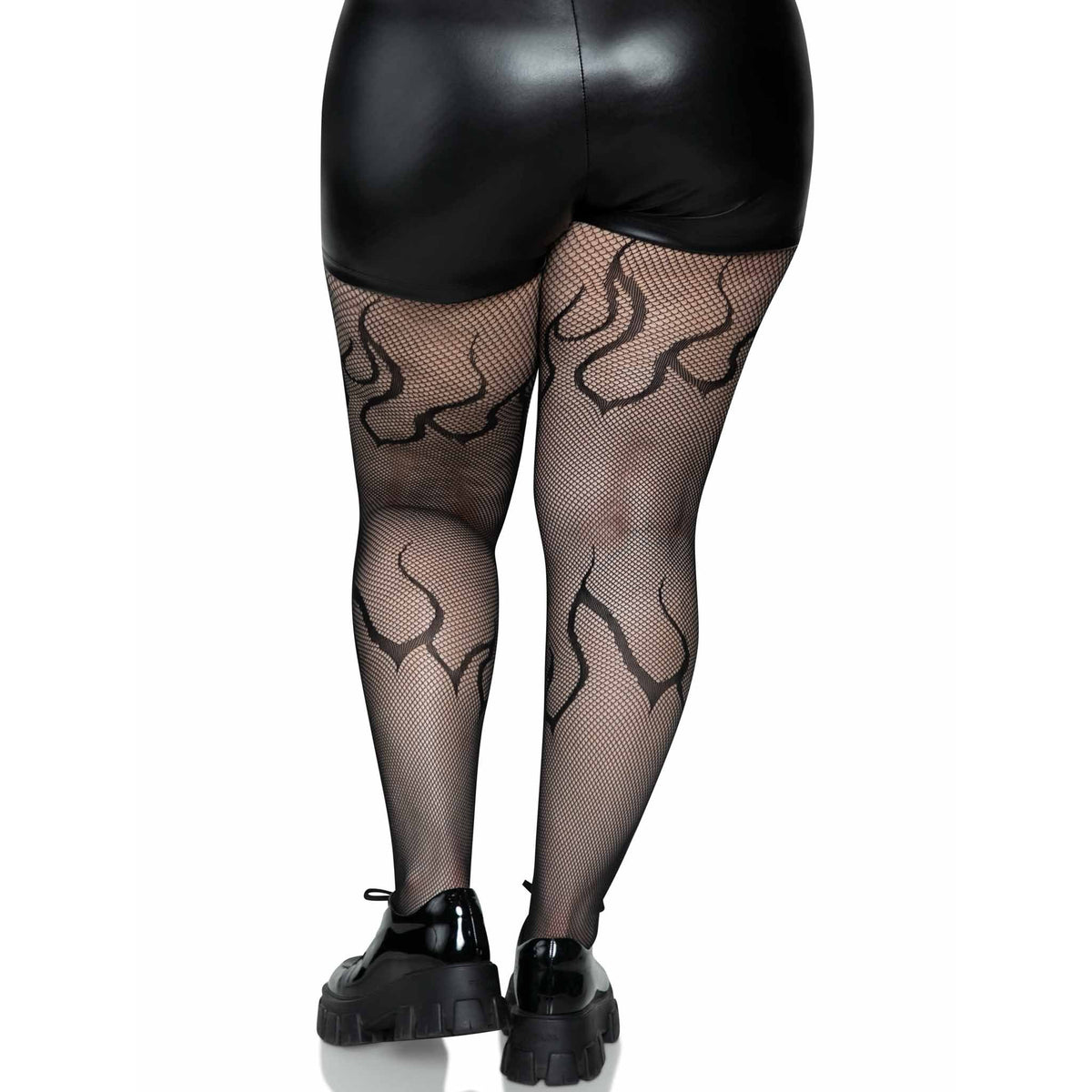 Back view of black plus size flame net tights - Golddiggers Boutique