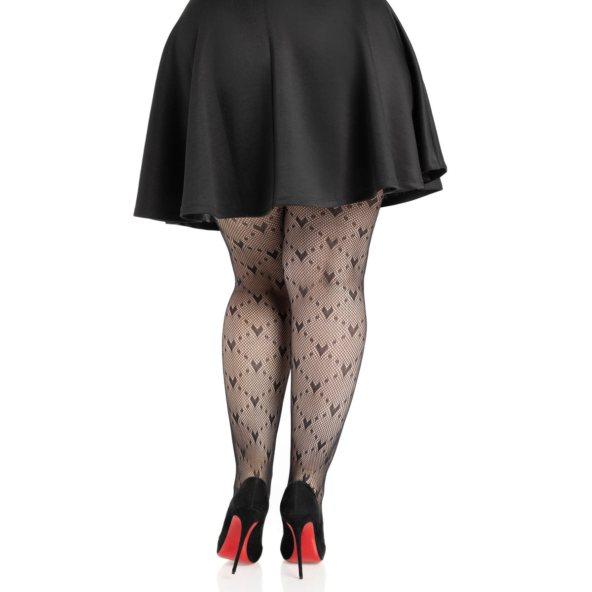 Back view of black plus size heart net tights - Golddiggers Boutique