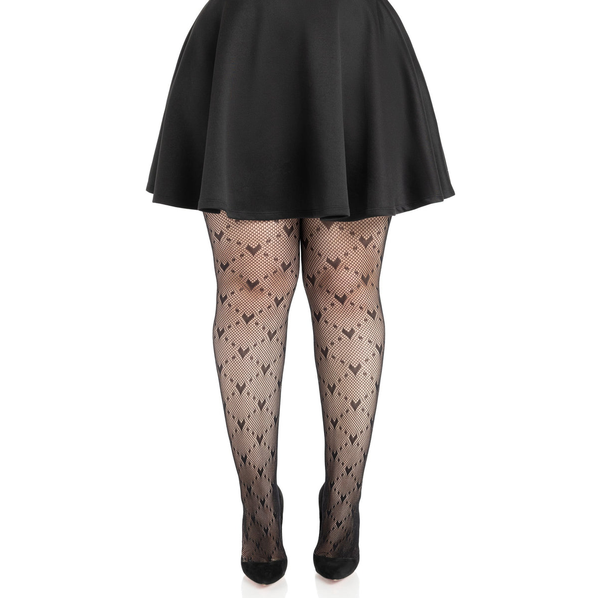 Front view of black plus size heart net tights - Golddiggers Boutique